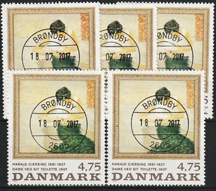 FRIMÆRKER DANMARK | 1991 - AFA 1005 - Harald Giersing - 4,75 Kr. flerfarvet x 5 stk. - Pragt Stemplet